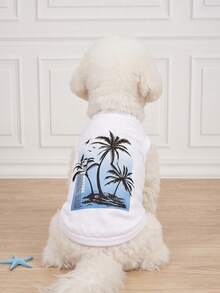 LUCKIE LABO 1pc Coconut Tree Fun Print Pet Vest, Physical Flea Protection, Reduces Shedding, Insulating & Breathable Dog Vest, Suitable For Large And Small Dogs And Cats, Indoor And Outdoor - White - View 1