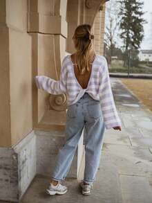 Women's Knitted Striped Long Sleeve Backless Pullover Sweater, Suitable For Autumn And Spring - Mauve Purple - View 4