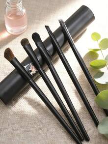 5pcs Portable Long Handle Eye Makeup Brush Set With Cylindrical Dust-Proof Storage Tube, Includes Detail Brush, Black Long Handle Eyeshadow Blending Brush, Angled Brow Brush And Fine Eyeliner Brush, Covering Eyeshadow Blending, Brow Filling And Precise Eyeliner Drawing Functions - Multicolor - View 2