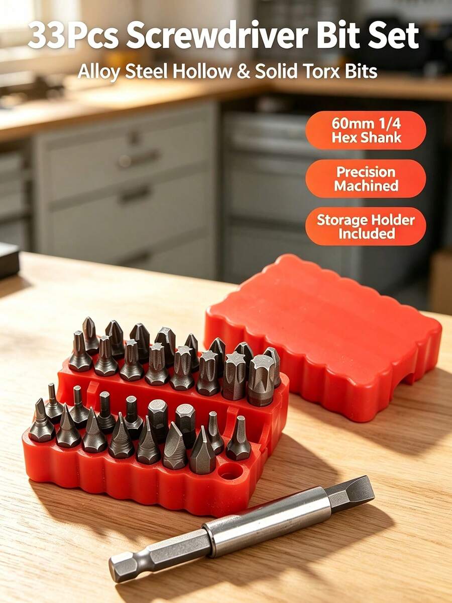 Set Obeng Baja Paduan 33 Buah dengan Mata Obeng Berongga dan Berisi yang Dibuat dengan Presisi, Mata Obeng Heksagonal, Pipih, dan Silang Panjang 60mm dengan Kotak Penyimpanan Terorganisir untuk DIY, Perbaikan Otomotif, dan Pembongkaran Sekrup - A - View 1