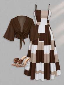 Set Gaun Elegan 2 Potong, Gaun Elegan Motif Kotak-kotak + Atasan Kardigan, Pakaian Sehari-hari Musim Panas - Coffee Brown - View 1