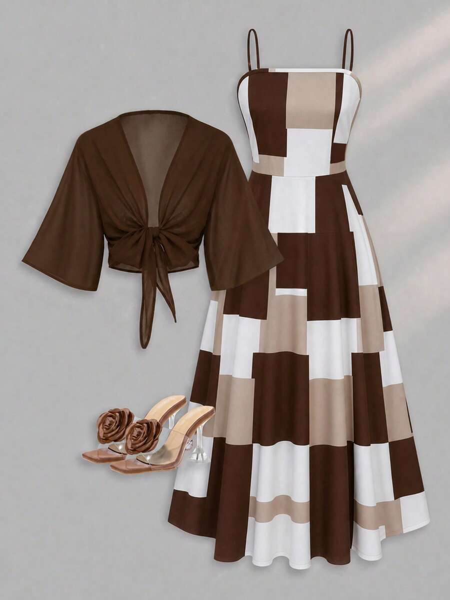 Set Gaun Elegan 2 Potong, Gaun Elegan Motif Kotak-kotak + Atasan Kardigan, Pakaian Sehari-hari Musim Panas - Coffee Brown - View 1