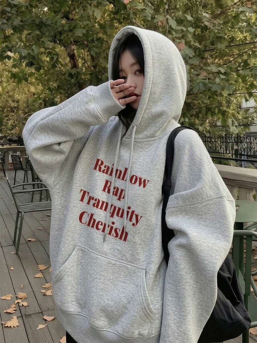 Women's Hooded Sweatshirt, Autumn/Winter New Letter Print, Drawstring Design, With Pockets, Casual Versatile Loose Fit Top, Fashion Daily Wear - Dark Gray - View 1