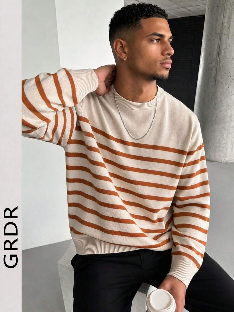 GRDR 1pc Men's Casual Striped Knit Sweater, Autumn/Winter - Burnt Orange - View 1