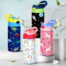 Yocity 1pc 12oz Stainless Steel Mug With Handle, Cute Cartoon Pattern Double Wall Water Cup With Lid And Straw, Suitable For Outdoor, Camping, Travel - Multicolor - View 5