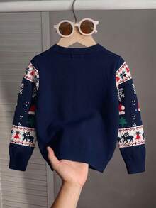 Young Boy Fashionable Versatile Jacquard Round Neck Long Sleeve Sweater Christmas - Navy Blue - View 3