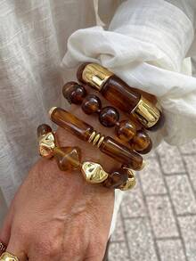 4pcs/1pc Vintage Elegant Bohemian Style Daily Geometric Asymmetrical Exaggerated Thick Elastic Beaded Bamboo Joint Marbled Brown Coffee Resin Bracelet Stackable Acrylic Splicing Bangle Set Multi-Piece Stacked Y2K Jewelry Accessories Suitable For Women Summer Beach Party Birthday Daily Wear - Brown - View 5