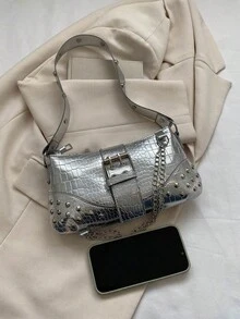 Fashionable Unique Design Chain New Women's Gothic Style Rivet Crossbody Bag Shoulder Bag Handbag Solid Color Rivet Chain Crossbody Bag - Silver - View 3