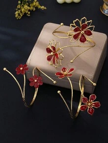 1pc/3pcs Vintage Burgundy Oil Drop Flower Adjustable Open Cuff Bracelet Arm Decor Armlet - Burgundy - View 4
