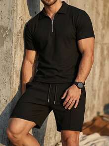 DAZY Men's 2-Piece Set, Classic Zip Lapel Short Sleeve Polo Shirt Made Of Waffle Fabric + Shorts - Black - View 5