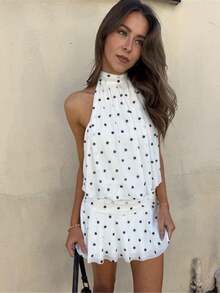 Women's Pleated Waist Sheer Mesh Ruffle Mini Dress Summer Casual Halter Neck High Neck Bodycon Short Dress Self-Tie Backless Sundress Party Clubwear - F210809-白色 - 查看 2
