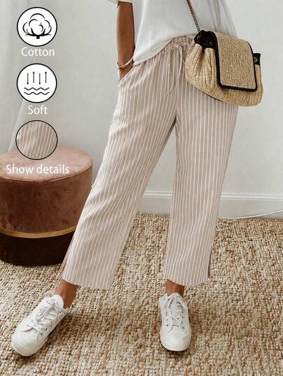 1pc Cotton Blend Vertical Striped Drawstring New Chinese Style Frog Button Slit Design Retro Artistic Loose Slimming Long Pants