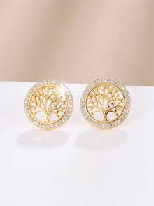 1 Pair Fashionable European And American Vintage Tree Of Life Hollow Stud Earrings, Niche Design Round Frame Tree Shape Elegant Women's Commute Date Niche Exquisite Wealth Meaning Earrings Gift - Earrings - View 11