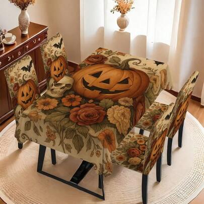 1PC/4PCS/6PCS/7PCS/30PCS Vintage Floral Skull Pumpkin Halloween Tablecloth & Chair Cover Set, Beige Rose Flower Bat Print Waterproof Rectangular Tablecloth, Washable Elastic Full-Wrap Dining Chair Covers, Gothic Pastoral Style Halloween Restaurant Party Atmosphere Decor