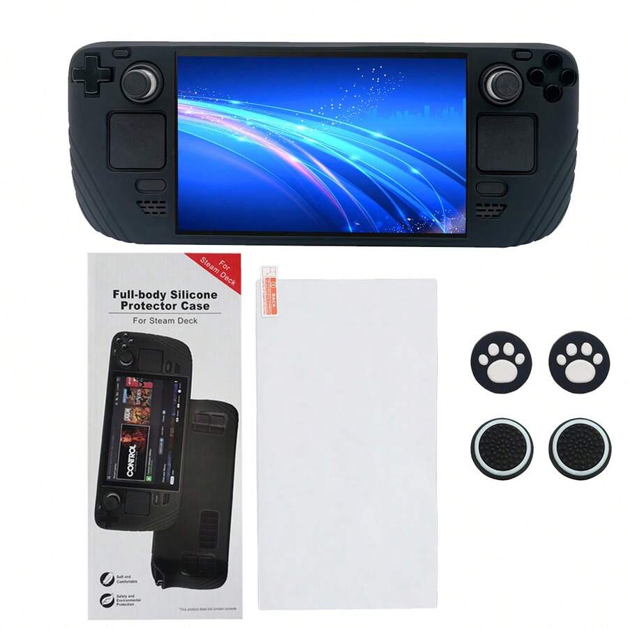 1pc Console Protective Case + 4pcs Joystick Caps + 1pc Tempered Glass Screen Protector Set For Steam Deck, Anti-Drop, Anti-Dust, Anti-Sweat, Enhanced Gaming Control And Experience - View 1