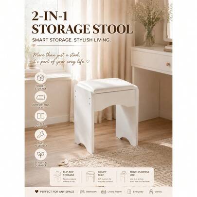 Taburete de Acento de Madera Premium con Cojín Suave, Silla de Tocador Multiusos & Banco para Zapatos, Asiento Elegante para Espacios Pequeños en Dormitorio, Sala de Estar & Entrada