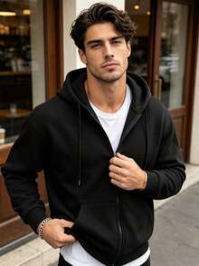 Men's Casual Solid Color Minimalist Versatile Hooded Sweatshirt Fleece Lined Loose Fit Jacket, Spring/Autumn - Black - View 4