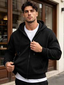 Men's Casual Solid Color Minimalist Versatile Hooded Sweatshirt Fleece Lined Loose Fit Jacket, Spring/Autumn - Black - View 1