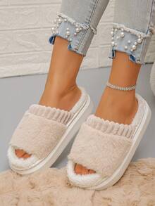 Plus Size 36-43 Women's Solid Color Casual Fairy Style Fuzzy Lined Soft Flat Half-Slip-On House Shoes, Thick Fleece Warm Indoor Slippers For Winter, Multiple Colors Available - Beige - View 6