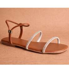 Sandália Feminina Casual Rasteira Tiras Finas Bico Quadrado Elegante Leve Confortável Moda Feminina - Marrom - Visão 5