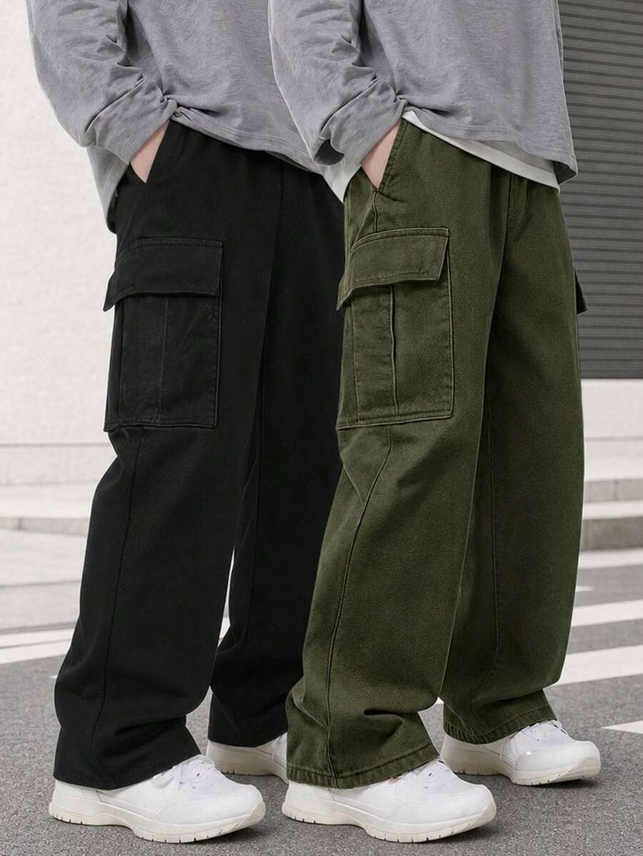 2pcs Tween Boys Casual Sports Outdoor Halloween Party Big Pocket Straight Leg Cargo Pants, Spring/Autumn - Army Green - View 1