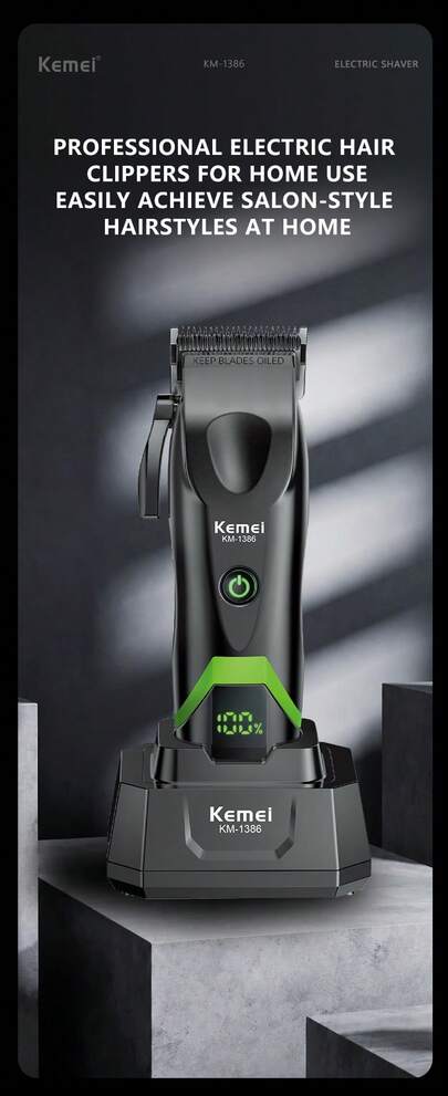 Kemei KM-1386 Professional Home Electric Hair Clipper Salon Grade Charging Base USB Fast Charging Home Hair Clipper Long Battery Life Multi-Speed Hair Trimmer New Professional Electric Hair Clipper With Digital Display Screen Hair And Beard Trimmer