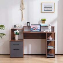 Office Computer Desk With Drawers, Writing Study Desk With Shelves - Brown - View 2