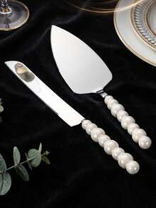 2PCS Stainless Steel Cake Knife And Server Set, Pearl Beaded Handle, Packed In Black Gift Box, Elegant Dessert Cutting Utensils For Wedding, Birthday Party, Christmas, Thanksgiving, Holiday Celebration Gift - View 2