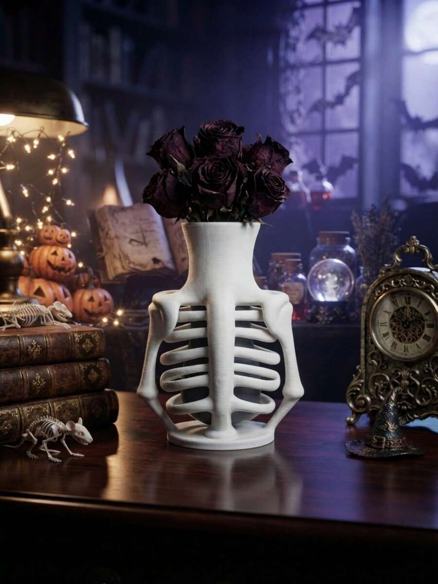 3D Printed Skeleton Vase Gothic Ribcage Desk Organizer White Bone Statue Tabletop Craft Halloween Home Decor - Multicolor - View 1