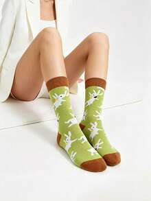 1/5 Pairs Back To School Cartoon Jacquard Mid-Calf Socks, Unisex French Bulldog Rabbit Penguin Fun Pattern Casual Long Socks, Autumn - Multicolor - View 3
