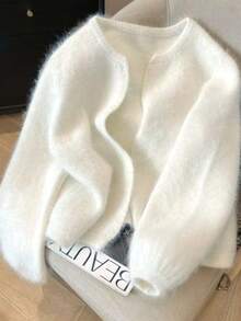 Women's Cozy White Knit Cardigan Long Sleeve Regular Length Round Neck Medium Stretch For Fall Outfits - White - View 6