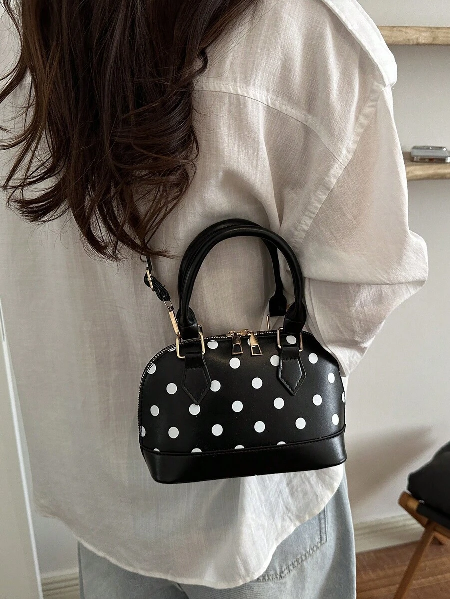 White Polka Dot Mini Shell Handbag, Contrast Color Base, Top Handle, Detachable Adjustable Crossbody Strap, Zipper Closure, Vintage Women's Daily Date Shoulder Bag - Black - View 1