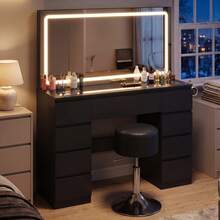 Devoko Modern Vanity Table With Extra Large LED Mirror, 3 Light Colors And Dimmable Brightness, Dressing Table With Glass Top, 9 Drawers, Power Strip And Hair Dryer Holder, White/Black - 查看 3