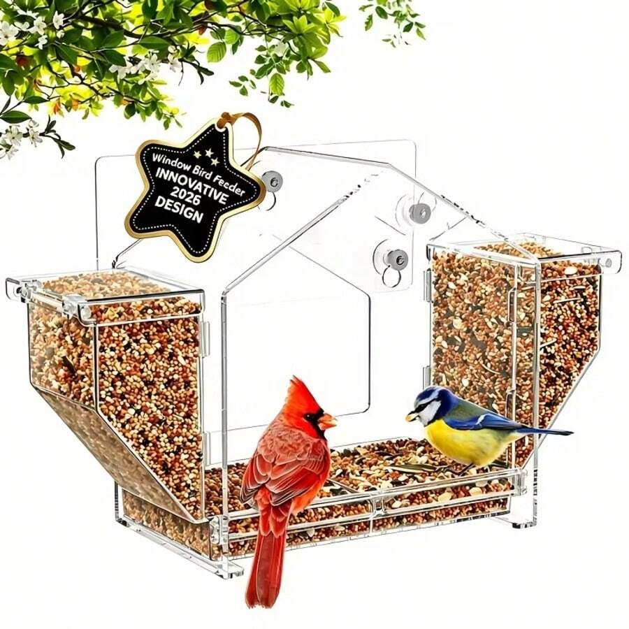 Upgraded Window Bird Feeder With Dual Side Hoppers, High Capacity Outdoor Birdfeeder With Strong Suction Cups & Adhesive Mount, Clear View For Indoor Cats & Elderly, Perfect Nature Gift For Pet & Bird Lovers - 13.39*4.09*8.07in - View 1