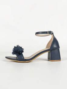 Women's Plus Size Wide Toe Box 3D Mesh Floral Decor Solid Color Open Toe Ankle Buckle Lace-Up Chunky Square Heel Sandals, Gentle Fairy Style, Summer Party, Navy Blue - Royal Blue - View 6