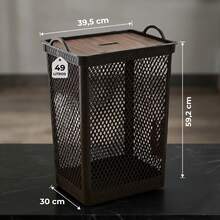Black Mesh Multipurpose Laundry Basket 49L With Lid And Wooden Label - Negro - Ver 5