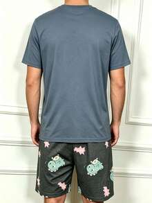 男士夏季卡通恐龍印花短袖與短褲睡衣套裝 - 彩色 - 查看 2