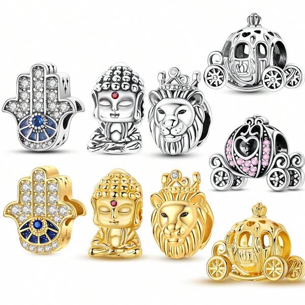 1 pieza Cuentas de encanto de Buda guardián con carroza de calabaza real de plata, corona de palma y león, adecuado para pulsera de mujer, collar, DIY joyería, colgante, regalo único perfecto para cumpleaños y aniversario