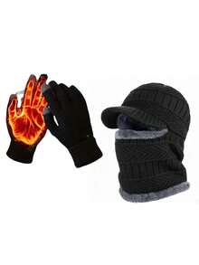 2PCS Unisex Autumn/Winter Warm Knitted Hat & Neck Warmer Set, Windproof Thermal Lined Beanie With Matching Gloves, Versatile Knit Cap Set - Multicolor - View 1
