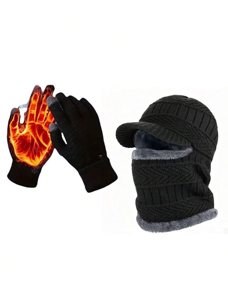 2PCS Unisex Autumn/Winter Warm Knitted Hat & Neck Warmer Set, Windproof Thermal Lined Beanie With Matching Gloves, Versatile Knit Cap Set - Multicolor - View 1