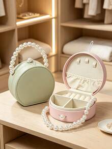 1pc/6pcs Portable Round Jewelry Box, Pearl Handle, PU Leather Mini Jewelry Organizer, Divided Soft Lining Storage Box, Scratch-Resistant Travel Jewelry Case, Compact Storage For Rings Earrings Necklaces, Ideal Gift For Women - Multicolor - View 6