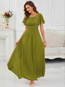 Elegant Olive Green A-Line Dress With Ruffle Sleeves, Suitable For Wedding Guest - Olive Green - View 5