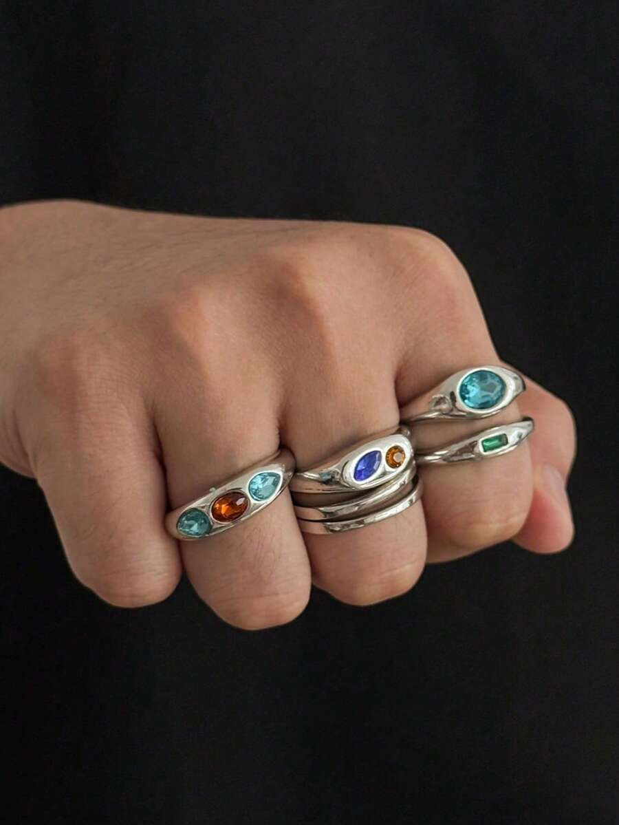 6pcs Vintage Distressed Silver Asymmetrical Colorful Gemstone Ring Set, Textured Colorful Rhinestone Rings, American Y2K Men's Stackable Hand Jewelry