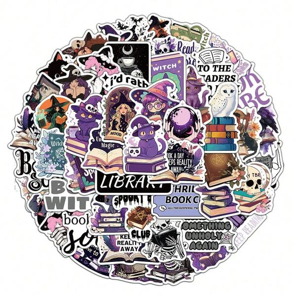 50PCS Halloween Bookish Holiday Cartoon Stickers Halloween Party Decorations Halloween Decor Funny Halloween Decor Vinyl Waterproof Stickers For Water Bottle,Computer,Laptop,Phone,Luggage,Notebook,Fridge