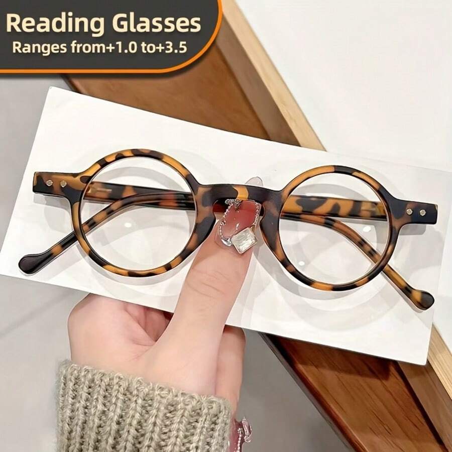 1pc Vintage Small Round Reading Glasses, Fashion Leopard Print Design, Matte Texture, Ultra-Light Frame With Premium Spring Temples For Comfortable Fit, Daily Work And Reading Comfortable Style For Men And Women - Leopard - View 1