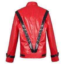 Cosplay Costume Color Block Button Long Sleeve Leather Jacket - Red - View 4