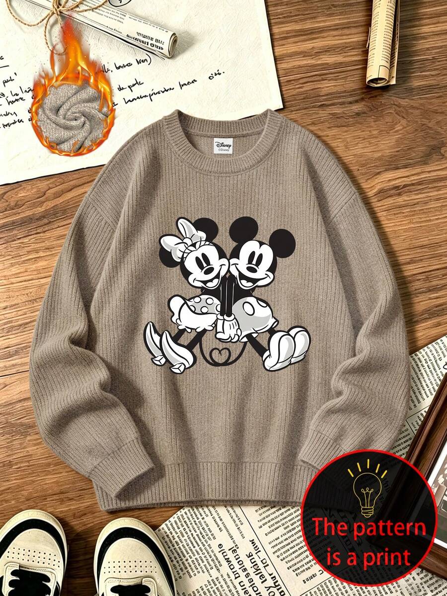 Disney Women's Plus Size Casual Knit-Like Top, Soft And Comfortable Fabric, Mickey & Minnie Print, Suitable For Autumn/Winter Wear - Camel - View 1