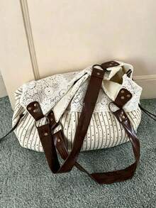 2026 New Summer Mori Style Vintage Lace Floral Plaid Patchwork Fabric Tote Bag For Women, Versatile Shoulder Handbag For Commuting - White - View 5