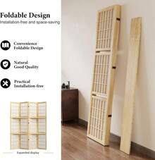 5.6FT Room Divider And Folding Portable Partition Screen, 4 Panel Asian Shoji Style Freestanding Privacy Screen With 3 Display Storage Shelves For Room Separation, Natural Wood - Natural - View 4