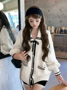 Navy Style Oversized Tie-Front Lapel Knit Wool Cardigan - White - View 5
